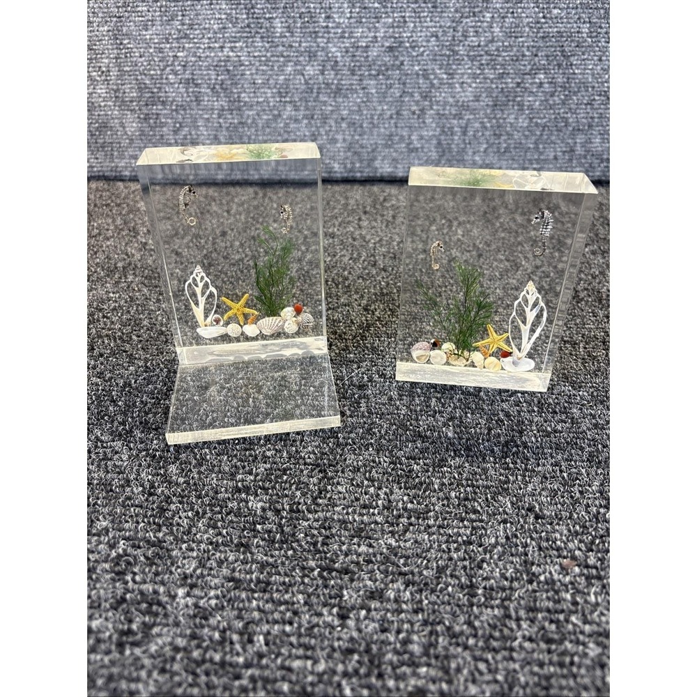 Vtg~1970s~MCM/Thick/Clear Lucite~Bookends~Under Sea Ocean Life Aquatic Scene
